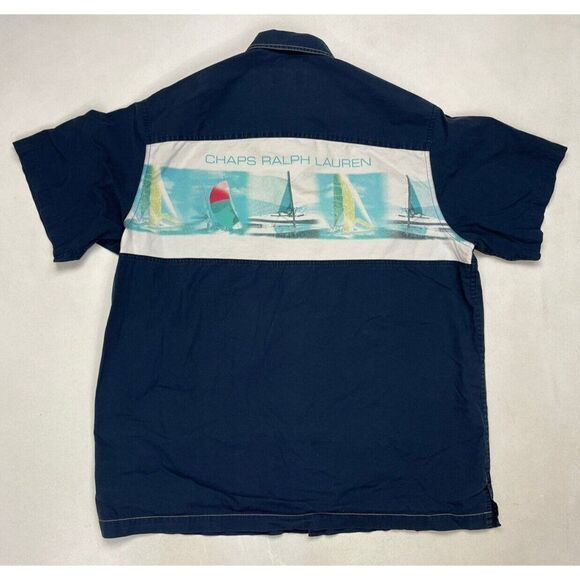 VINTAGE Chaps Ralph Lauren SailBoat Print Shirt Men Large Blue 90s - Picture 1 of 9